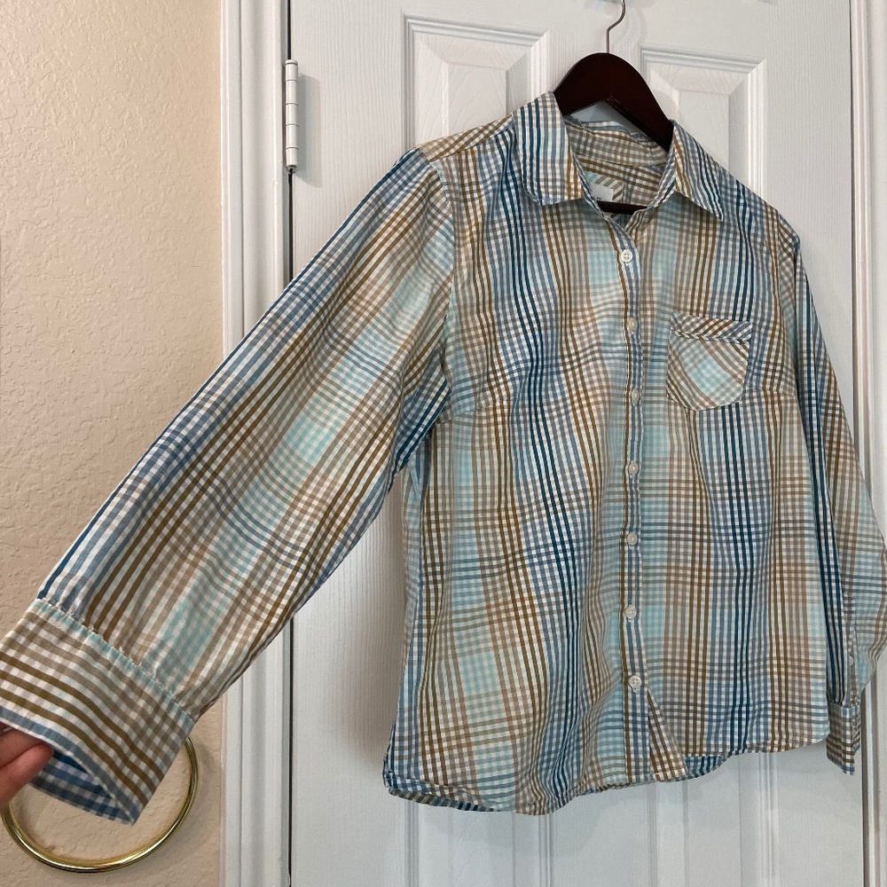 SONOMA 100% Cotton Women Button Up Collared Shirt Gingham Tan Blue White Size L